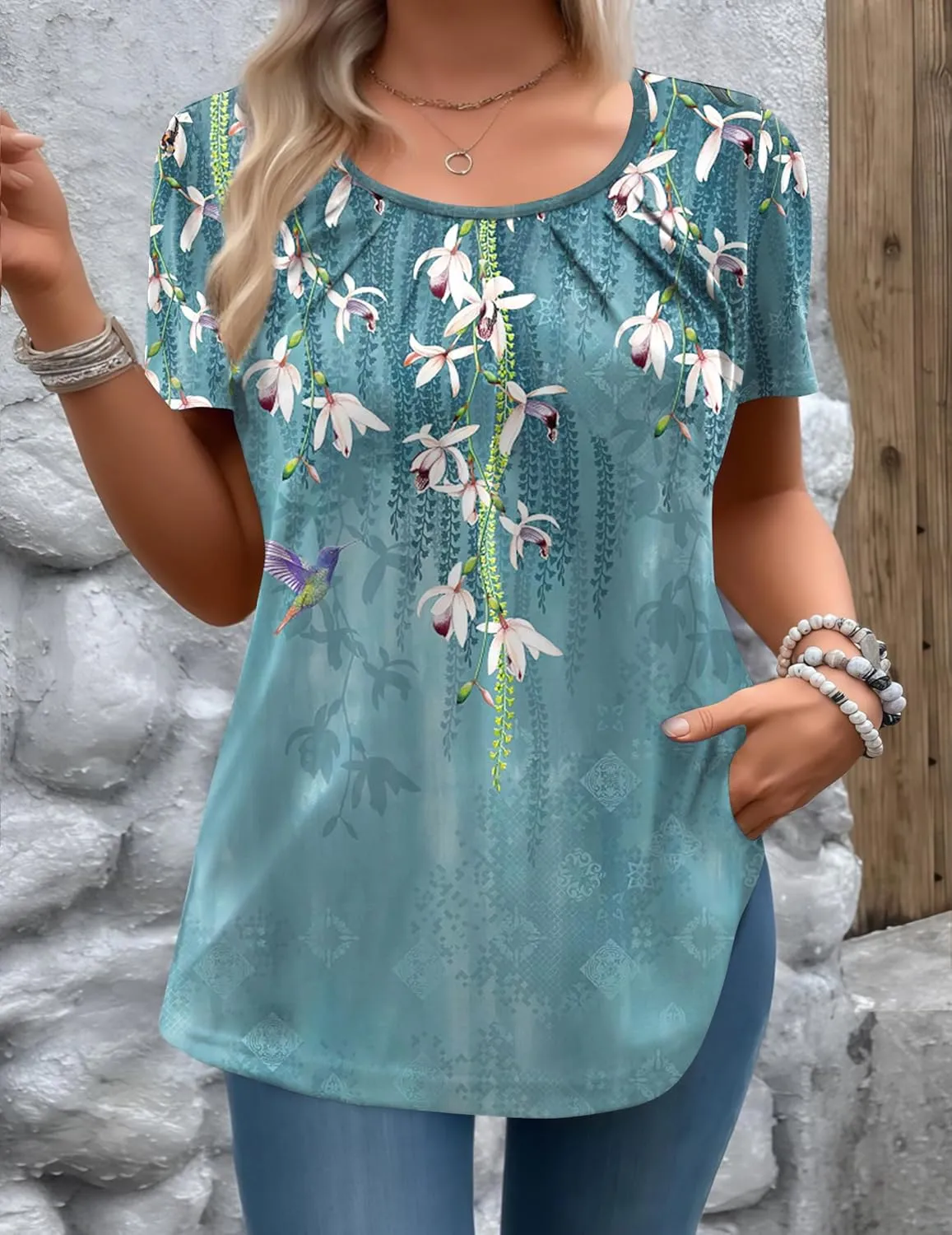 Zeagoo Women's Summer Tunic Tops Short Sleeve Floral Boho Casual T Shirts Pleated Crewneck Flowy Relax Fit Soft Blouses