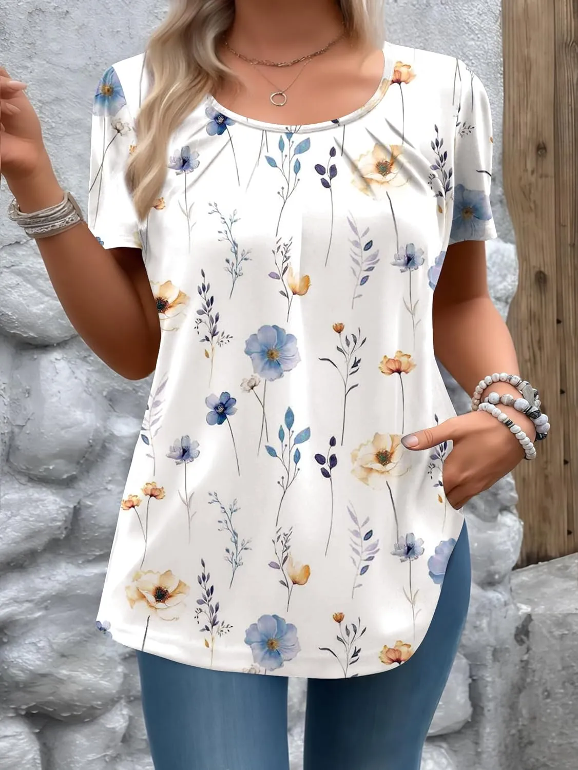 Zeagoo Women's Summer Tunic Tops Short Sleeve Floral Boho Casual T Shirts Pleated Crewneck Flowy Relax Fit Soft Blouses