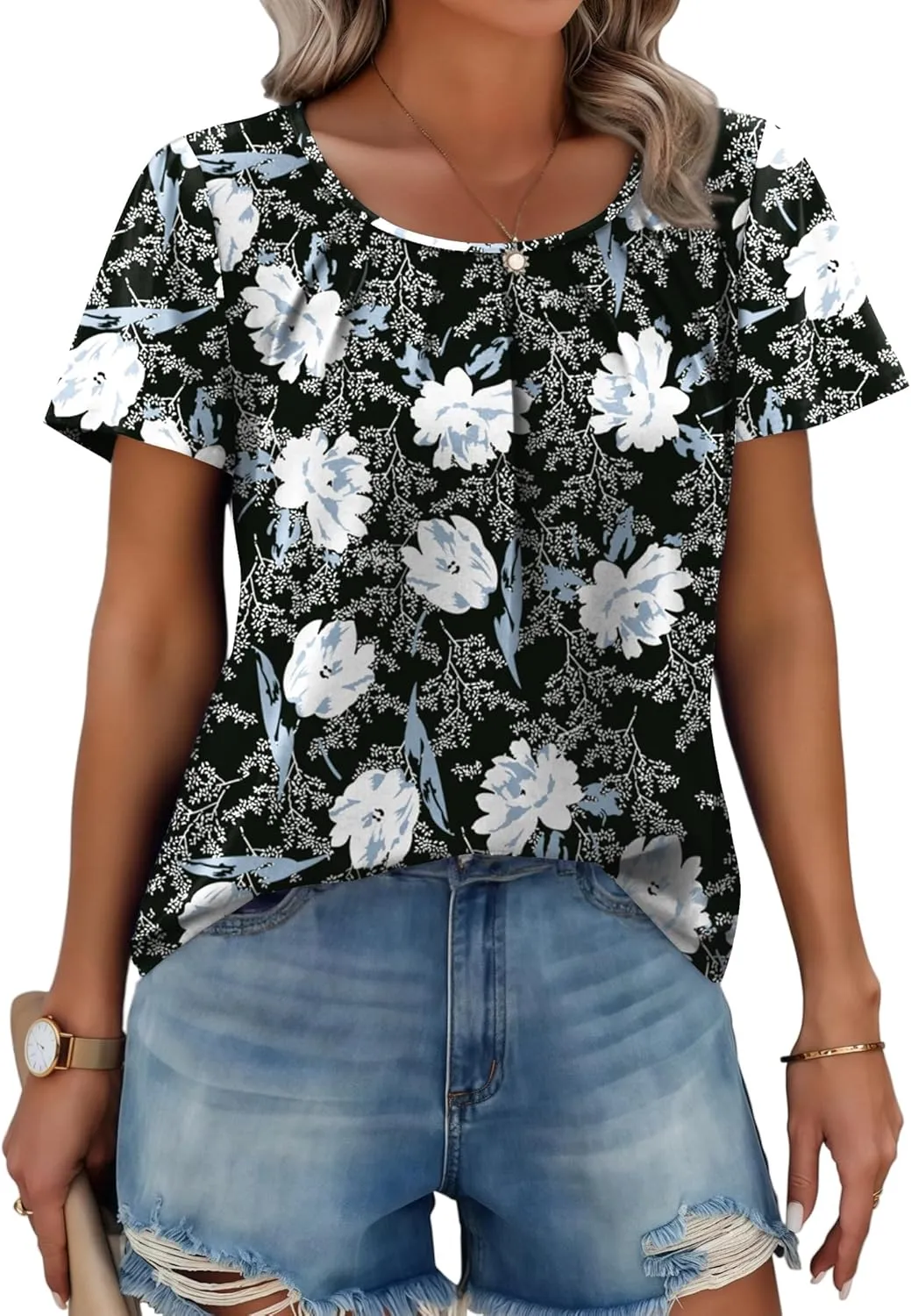 Zeagoo Women's Summer Tunic Tops Short Sleeve Floral Boho Casual T Shirts Pleated Crewneck Flowy Relax Fit Soft Blouses