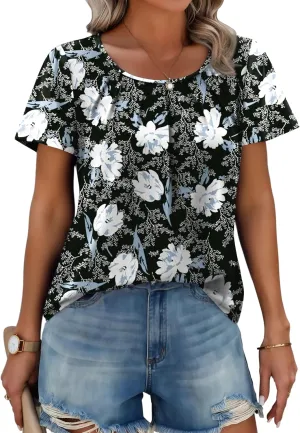 Zeagoo Women's Summer Tunic Tops Short Sleeve Floral Boho Casual T Shirts Pleated Crewneck Flowy Relax Fit Soft Blouses