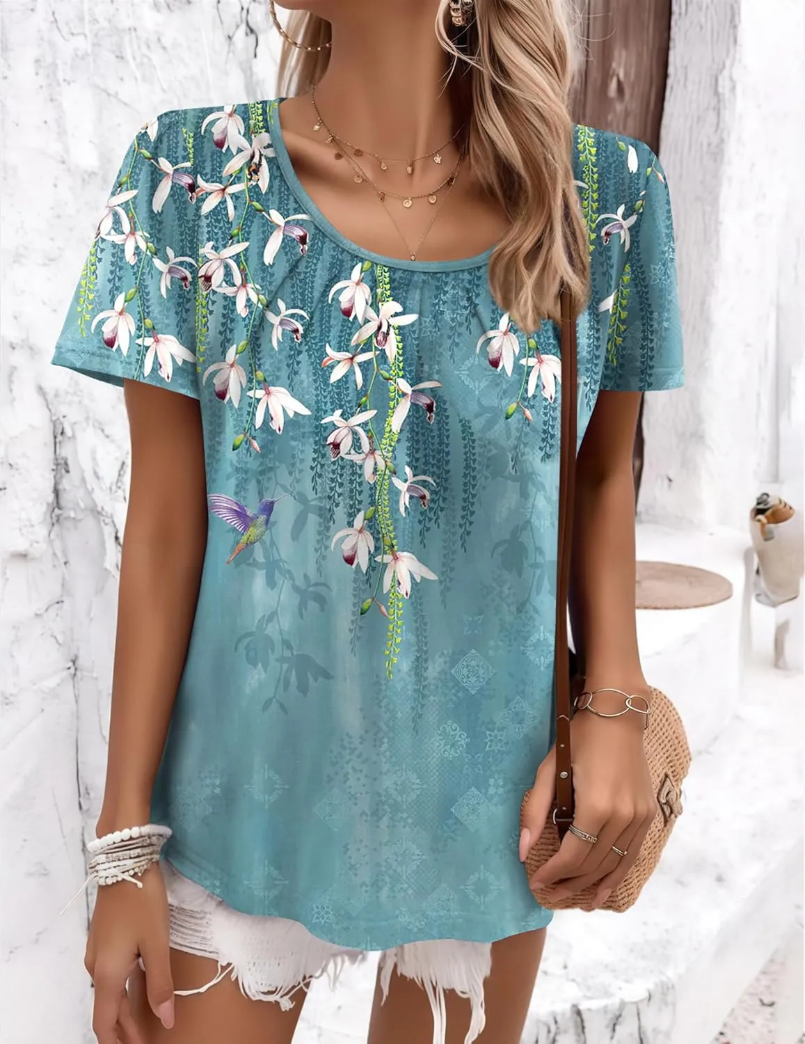Zeagoo Women's Summer Tunic Tops Short Sleeve Floral Boho Casual T Shirts Pleated Crewneck Flowy Relax Fit Soft Blouses