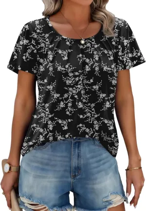 Zeagoo Women's Summer Tunic Tops Short Sleeve Floral Boho Casual T Shirts Pleated Crewneck Flowy Relax Fit Soft Blouses
