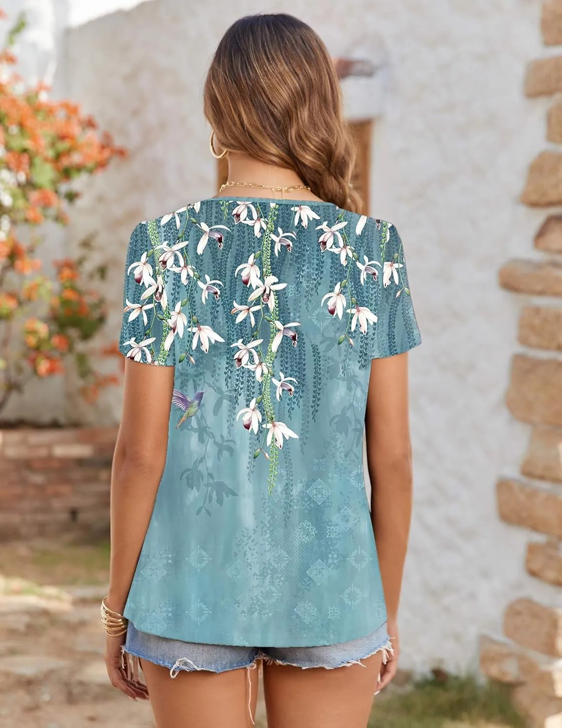 Zeagoo Women's Summer Tunic Tops Short Sleeve Floral Boho Casual T Shirts Pleated Crewneck Flowy Relax Fit Soft Blouses