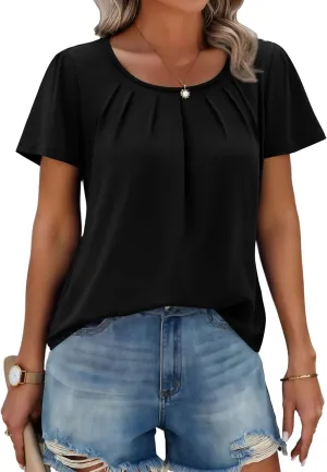 Zeagoo Women's Summer Tunic Tops Short Sleeve Floral Boho Casual T Shirts Pleated Crewneck Flowy Relax Fit Soft Blouses