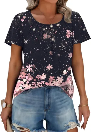 Zeagoo Women's Summer Tunic Tops Short Sleeve Floral Boho Casual T Shirts Pleated Crewneck Flowy Relax Fit Soft Blouses