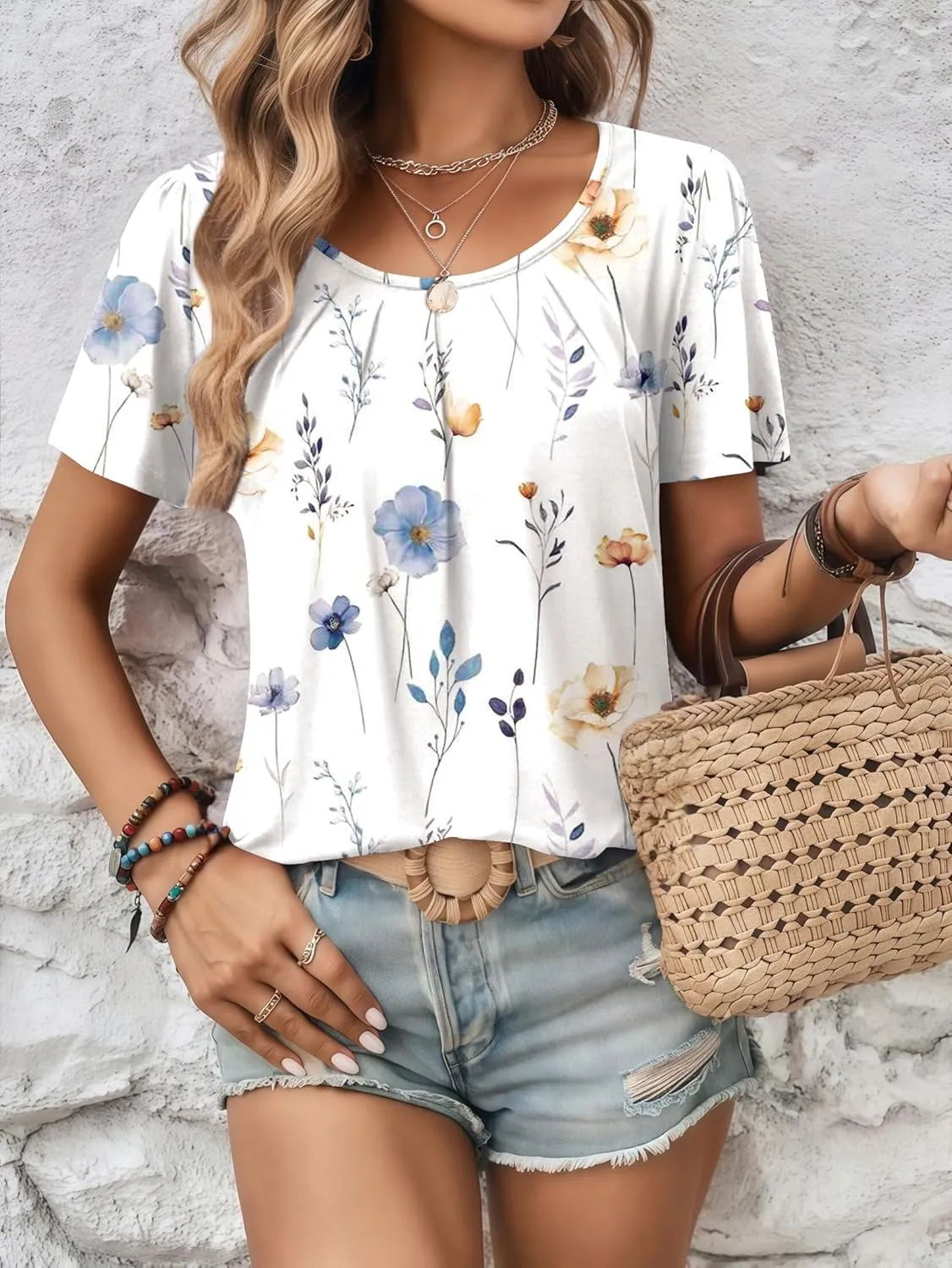 Zeagoo Women's Summer Tunic Tops Short Sleeve Floral Boho Casual T Shirts Pleated Crewneck Flowy Relax Fit Soft Blouses