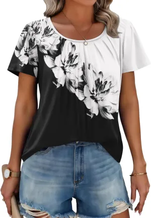Zeagoo Women's Summer Tunic Tops Short Sleeve Floral Boho Casual T Shirts Pleated Crewneck Flowy Relax Fit Soft Blouses