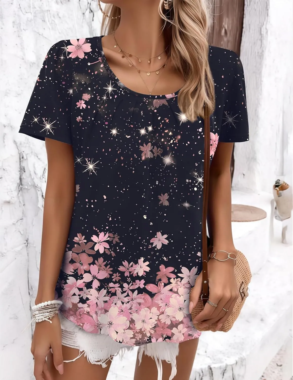 Zeagoo Women's Summer Tunic Tops Short Sleeve Floral Boho Casual T Shirts Pleated Crewneck Flowy Relax Fit Soft Blouses