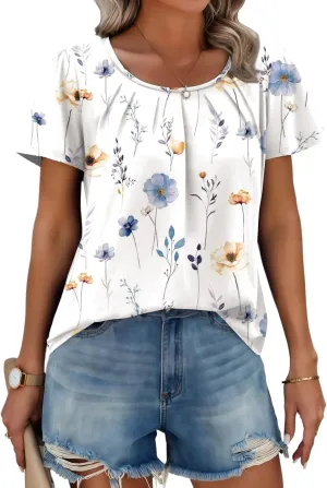Zeagoo Women's Summer Tunic Tops Short Sleeve Floral Boho Casual T Shirts Pleated Crewneck Flowy Relax Fit Soft Blouses