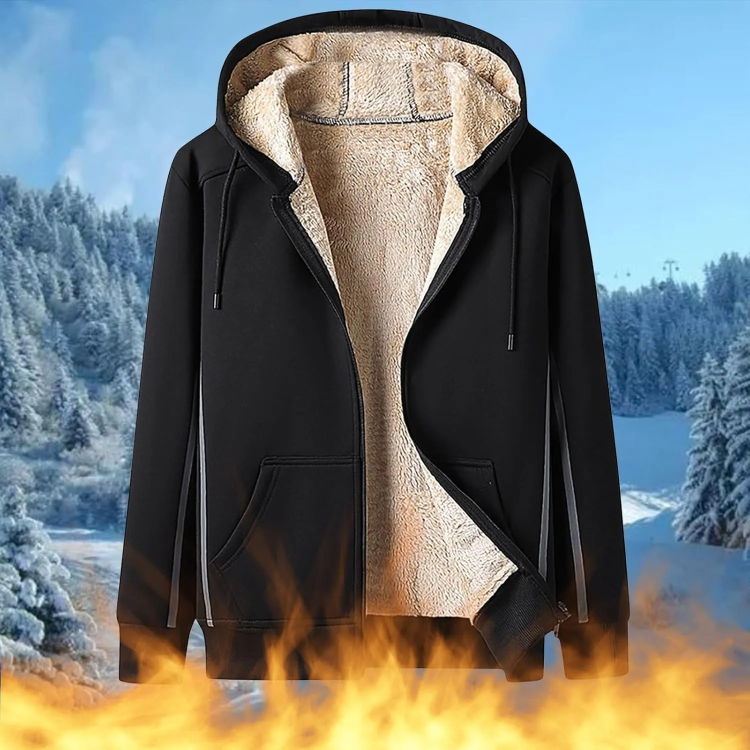Zeiyignr Men Hoodies Zip Up Fleece Jacket Heavyweight Sherpa Lined Hooded Sweatshirt Warm Thick Winter Coat Cozy Windbreaker
