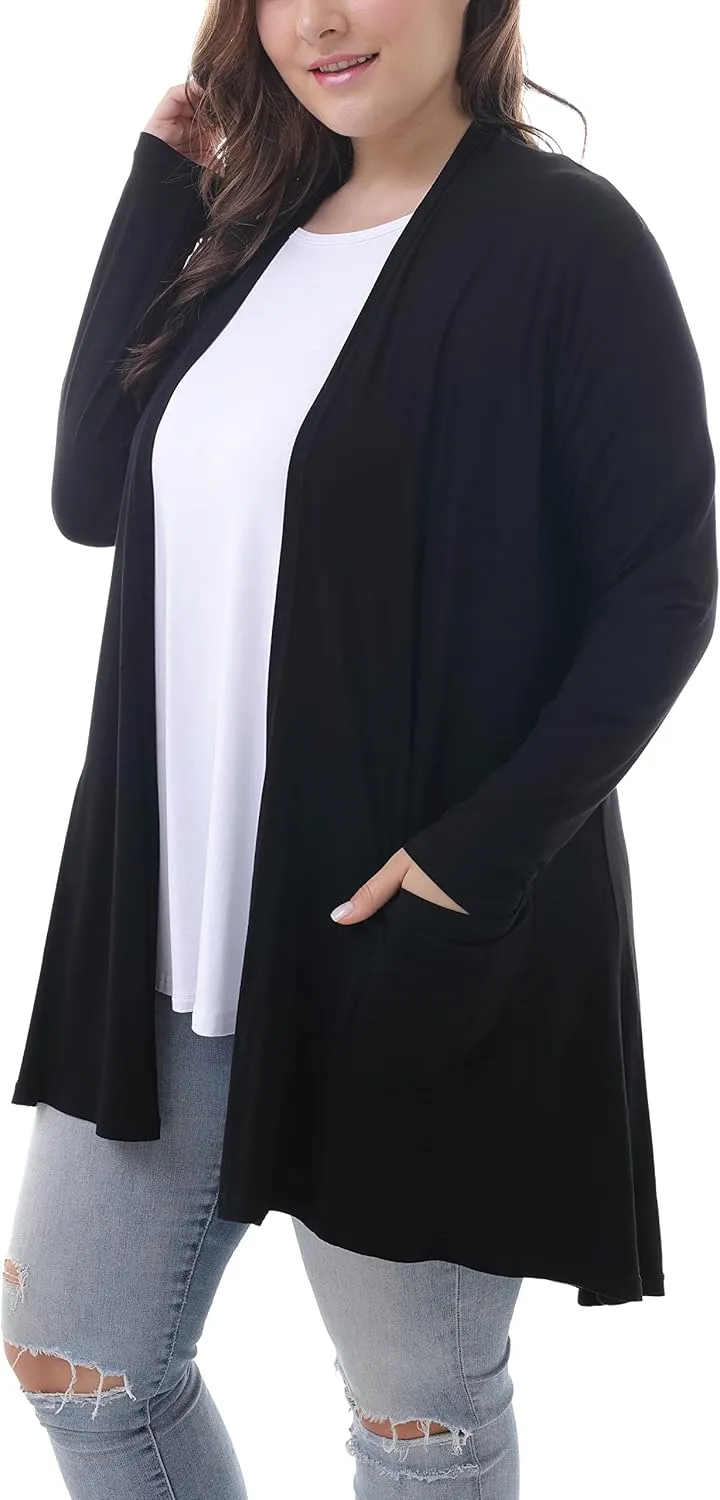 ZERDOCEAN Women's Plus Size Long Sleeve Lightweight Soft Printed Drape Cardigan with Pockets