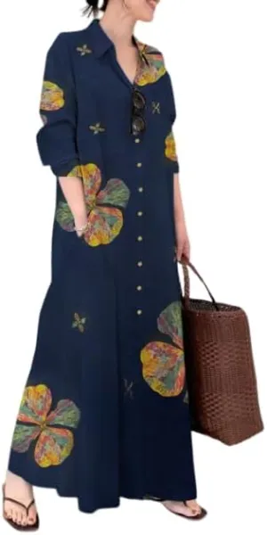 ZOCAVIA Women's Casual Cotton Linen Shirt Dress Polo Neck Long Sleeve Button-End Basic Loose Fit Dress with Pockets