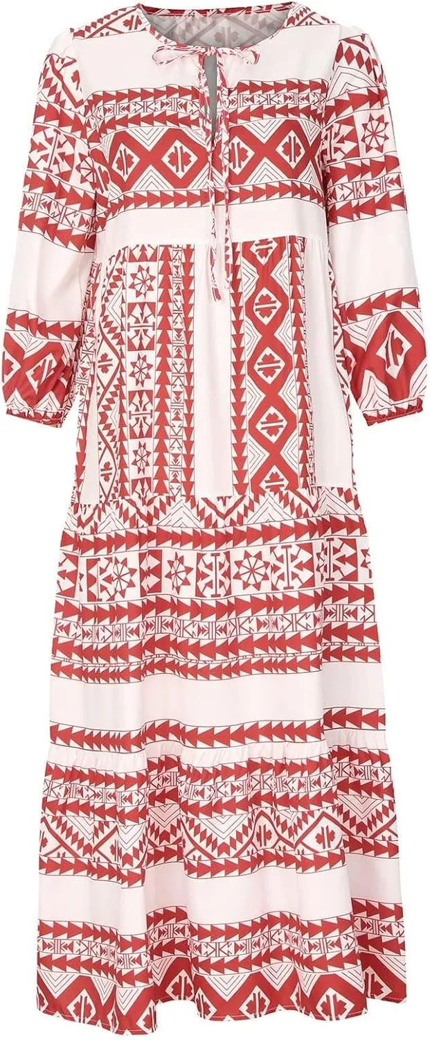 ZWRXW Womens Summer Boho Dresses Casual Loose Bohemian Floral Dress Short Sleeve Long Maxi Dress Flowy Swing Beach Dresses