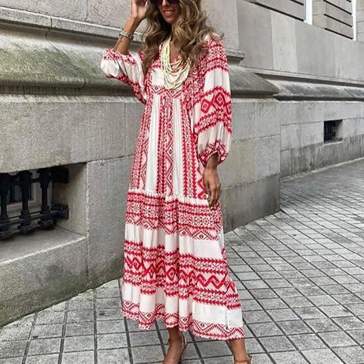ZWRXW Womens Summer Boho Dresses Casual Loose Bohemian Floral Dress Short Sleeve Long Maxi Dress Flowy Swing Beach Dresses