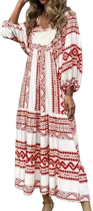 ZWRXW Womens Summer Boho Dresses Casual Loose Bohemian Floral Dress Short Sleeve Long Maxi Dress Flowy Swing Beach Dresses