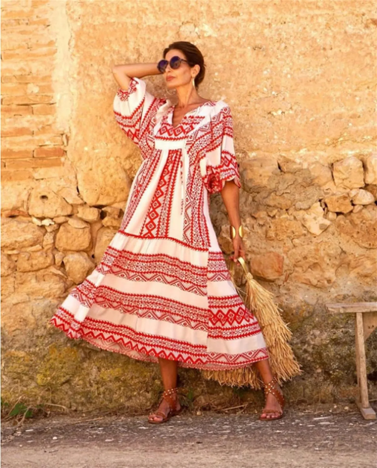 ZWRXW Womens Summer Boho Dresses Casual Loose Bohemian Floral Dress Short Sleeve Long Maxi Dress Flowy Swing Beach Dresses