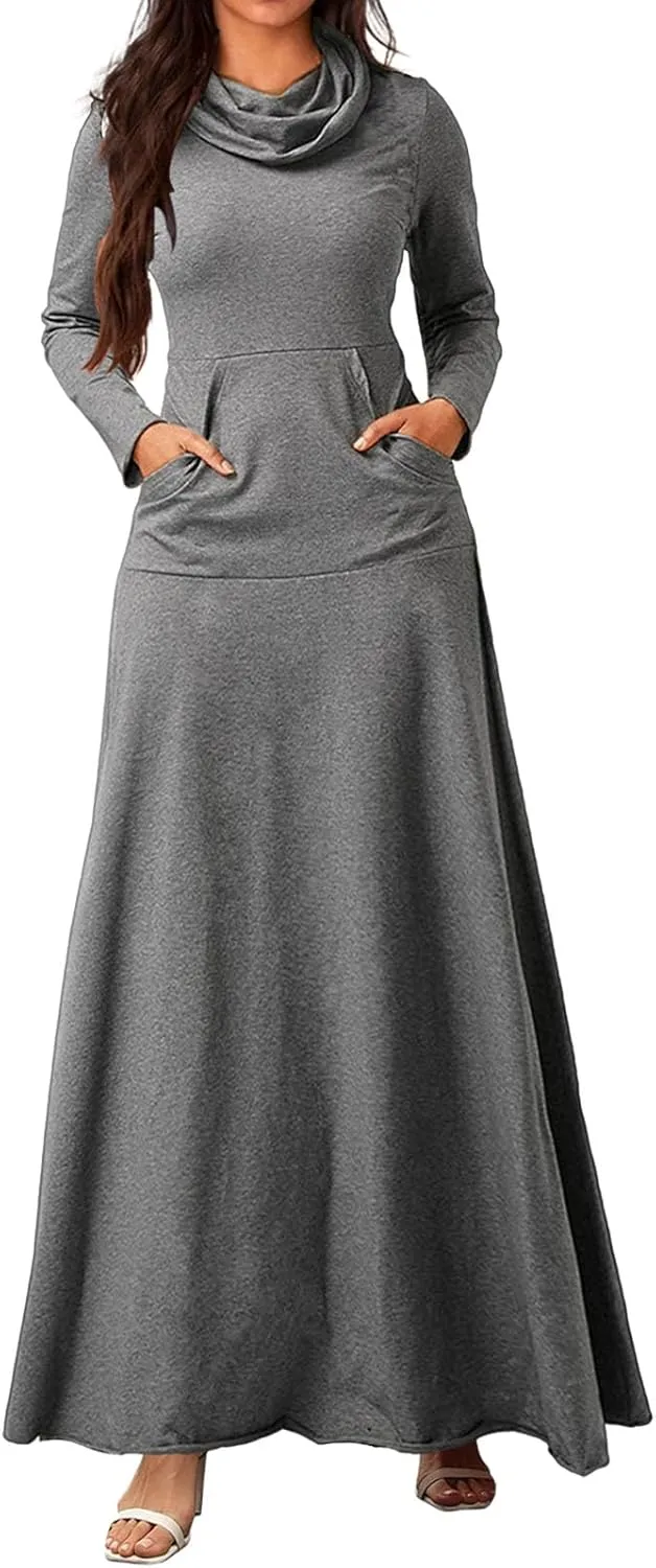 ZWRXW Womens Turtleneck Maxi Dress Casual Long Sleeve Fall Winter Elegant Solid Plus Size Swing Long Dresses with Pocket