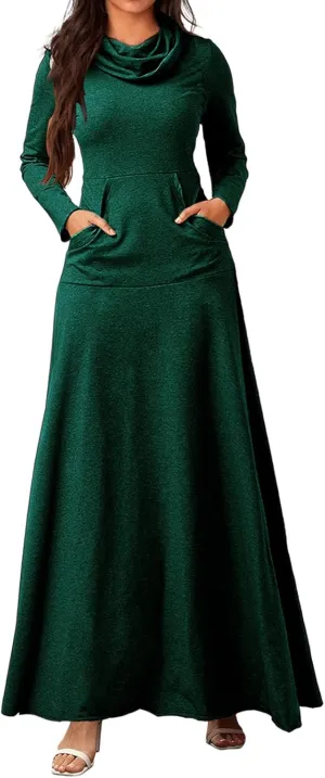 ZWRXW Womens Turtleneck Maxi Dress Casual Long Sleeve Fall Winter Elegant Solid Plus Size Swing Long Dresses with Pocket