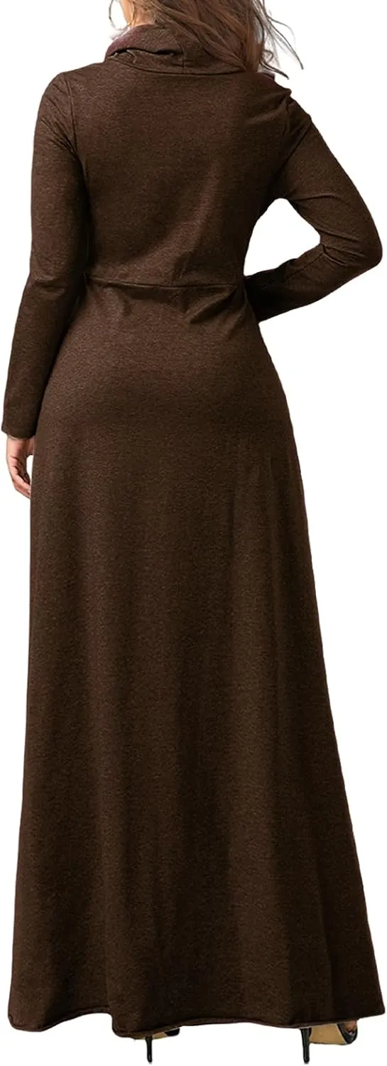 ZWRXW Womens Turtleneck Maxi Dress Casual Long Sleeve Fall Winter Elegant Solid Plus Size Swing Long Dresses with Pocket
