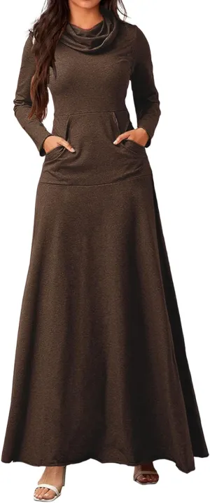 ZWRXW Womens Turtleneck Maxi Dress Casual Long Sleeve Fall Winter Elegant Solid Plus Size Swing Long Dresses with Pocket