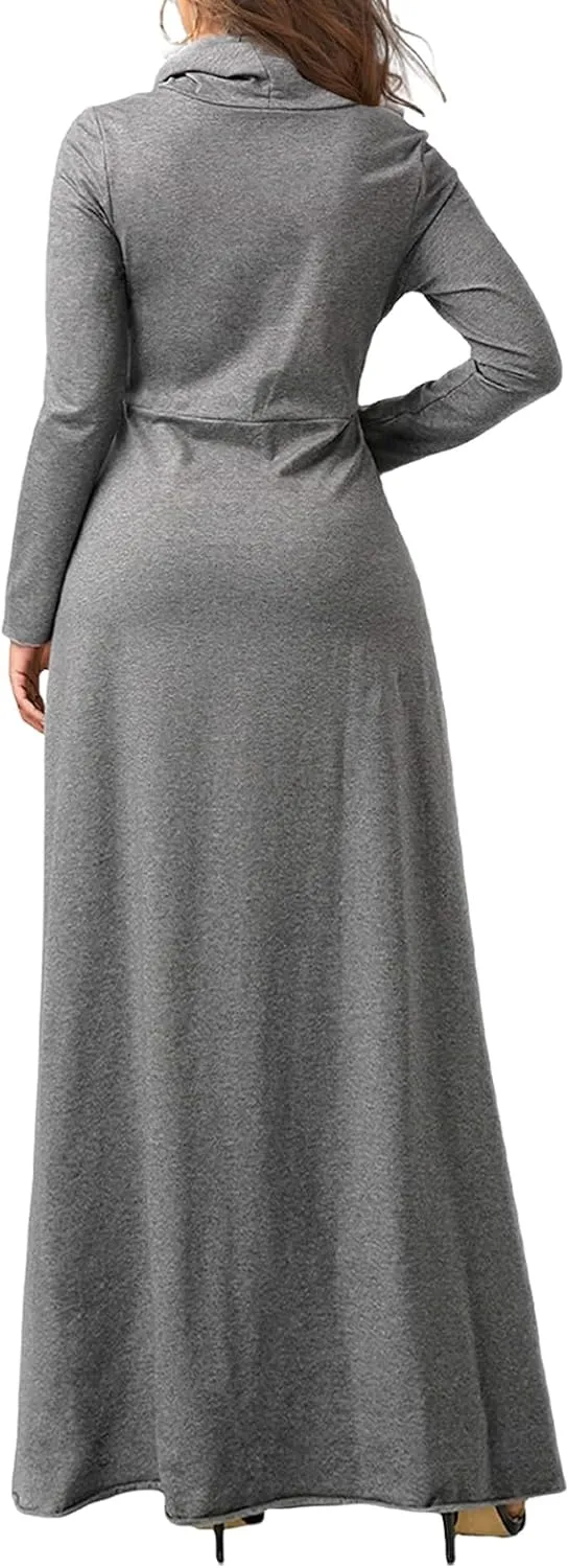 ZWRXW Womens Turtleneck Maxi Dress Casual Long Sleeve Fall Winter Elegant Solid Plus Size Swing Long Dresses with Pocket