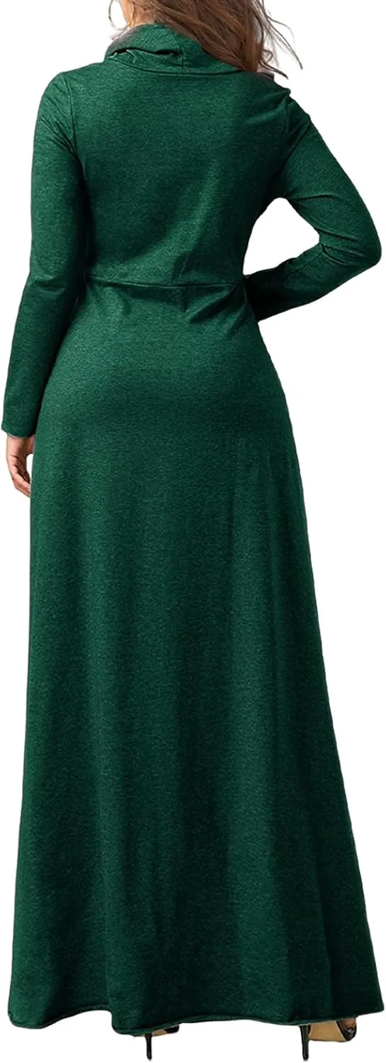ZWRXW Womens Turtleneck Maxi Dress Casual Long Sleeve Fall Winter Elegant Solid Plus Size Swing Long Dresses with Pocket