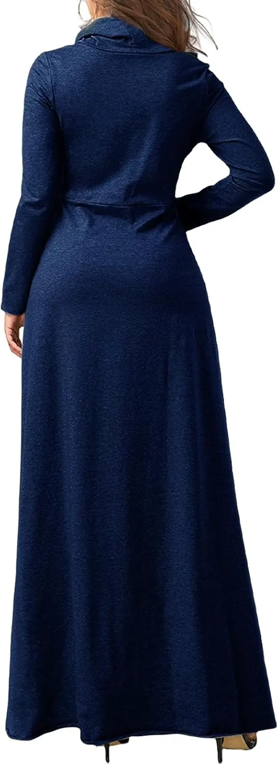 ZWRXW Womens Turtleneck Maxi Dress Casual Long Sleeve Fall Winter Elegant Solid Plus Size Swing Long Dresses with Pocket