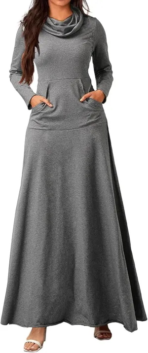 ZWRXW Womens Turtleneck Maxi Dress Casual Long Sleeve Fall Winter Elegant Solid Plus Size Swing Long Dresses with Pocket