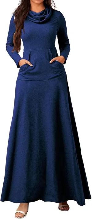 ZWRXW Womens Turtleneck Maxi Dress Casual Long Sleeve Fall Winter Elegant Solid Plus Size Swing Long Dresses with Pocket