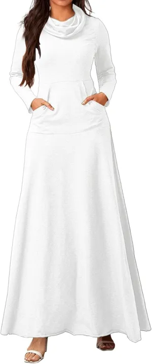 ZWRXW Womens Turtleneck Maxi Dresses Fashion Casual Long Sleeve Fall Winter Elegant Solid Swing Long Dress with Pockets