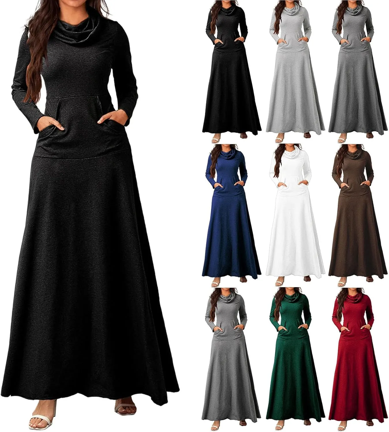 ZWRXW Womens Turtleneck Maxi Dresses Fashion Casual Long Sleeve Fall Winter Elegant Solid Swing Long Dress with Pockets